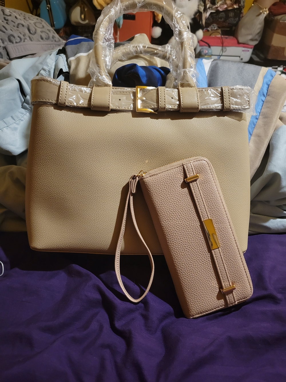 Beige Women's Tote Bag and Wristlet Set - Classic Neutral